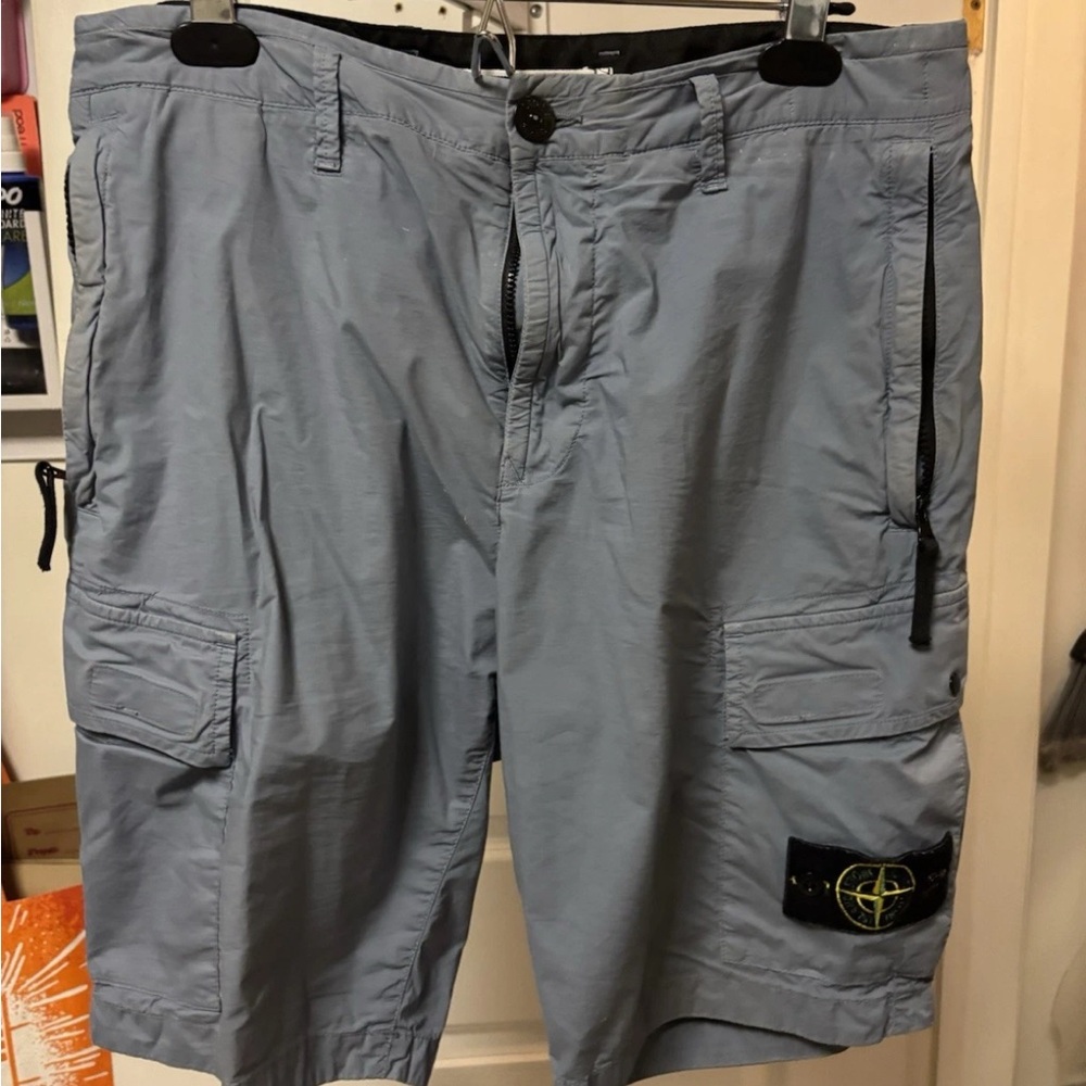 Stone Island Light Blue Cargo Shorts with Badge